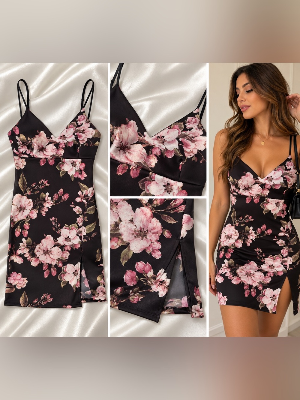 GBG Los Angeles Black Floral Satin Mini Dress Size L – Pink Floral